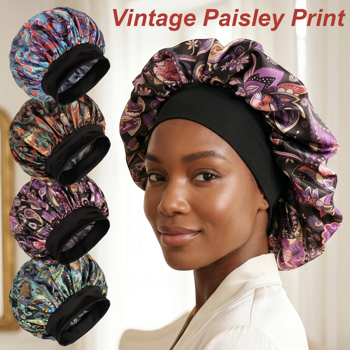 Women's Bohemian Long Satin Sleep Cap Adjustable Reusable Hair Protection Wrap for Sleep And Shower Suitable for All Hair Types
