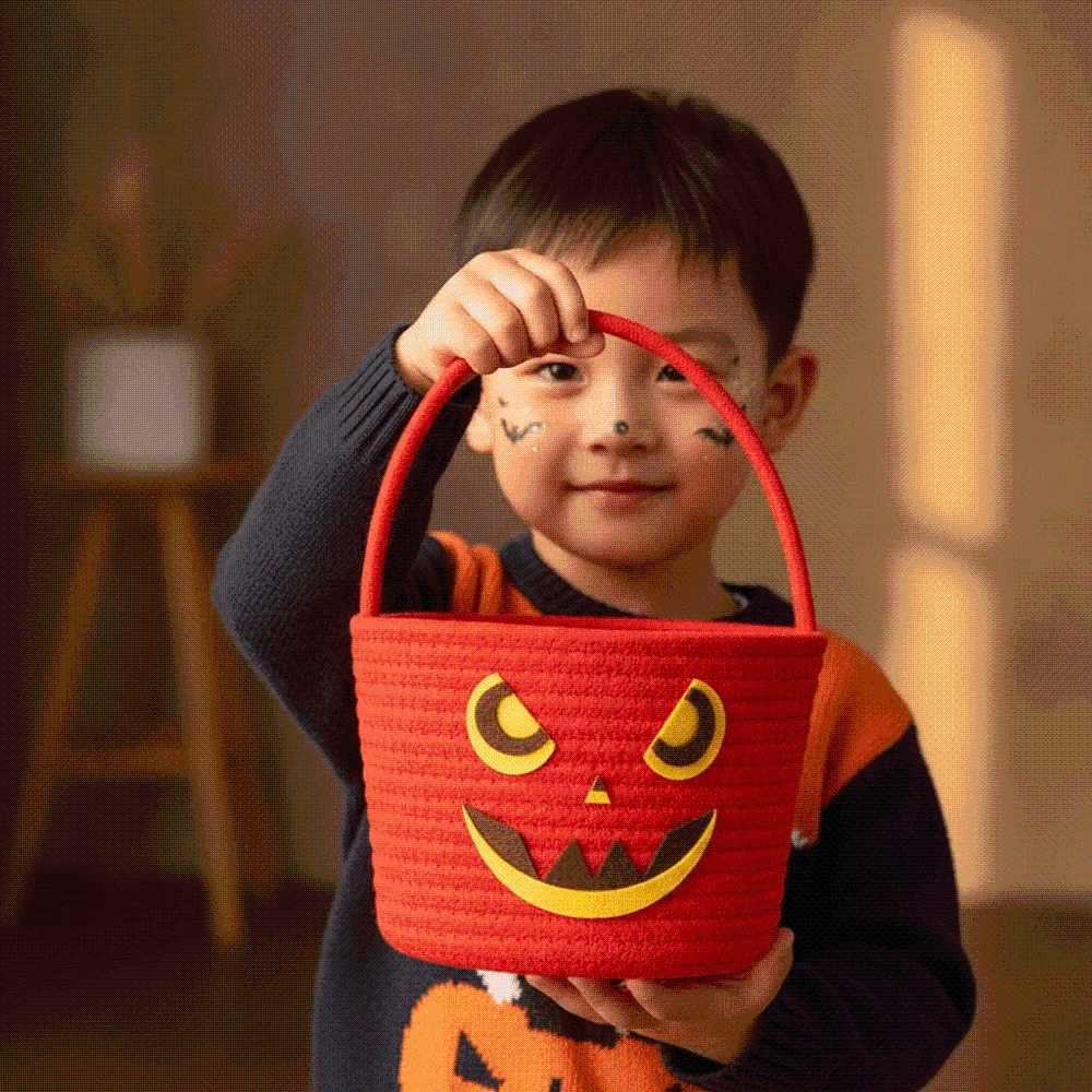 Kids Gift Hamper Cotton Pumpkin Candy Bucket Braided Portable Trick Treat Tote Soft Foldable Woven Storage Pouch Party