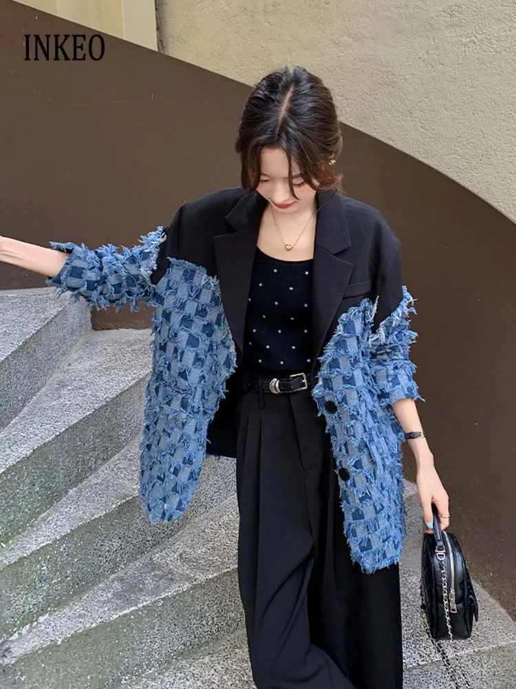 

Коллекция 2025 года, джинсовая куртка в стиле пэчворк, женская уличная одежда, клетчатый пиджак с кисточками, свободный дизайн, однобортная верхняя одежда INKEO 5O096