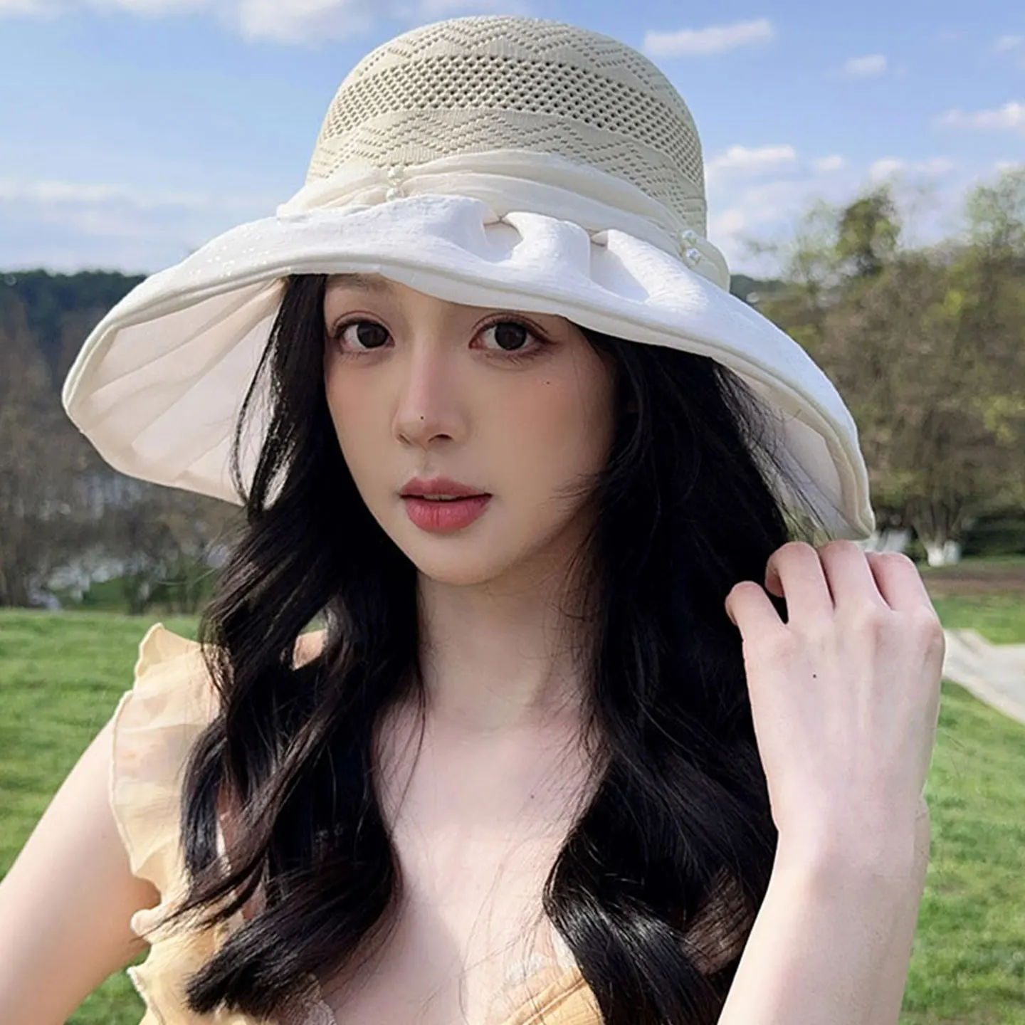

Women's Fisherman Hat Pearl Net Knot Large Brim Sunshade Summer Holiday Hat Adjustable Unisex Spring Autumn Cap