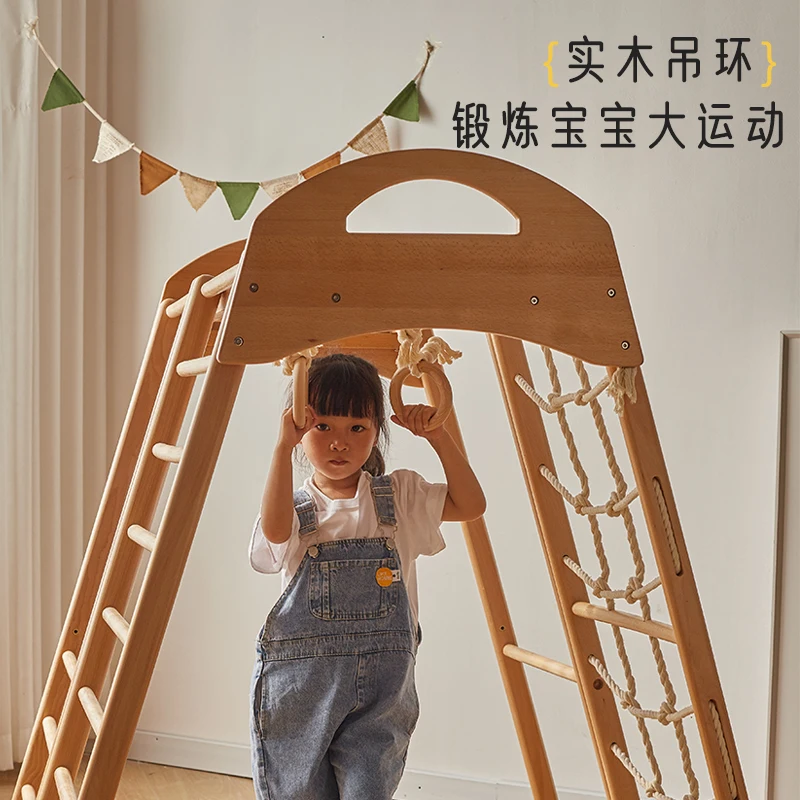 إطار التسلق الداخلي للأطفال من الخشب الصلب، مجموعة أرجوحة منزلية صغيرة للأطفال، متنزه عائلي، منزلق للأطفال #4