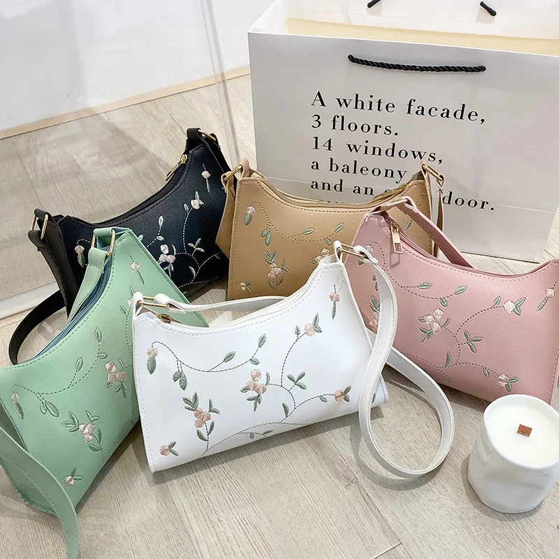 Women Embroidery Underarm Bag Fashion PU Ladies Leather Bag Retro Solid Color Handbags Fashion Design Girls Small Shoulder Bags