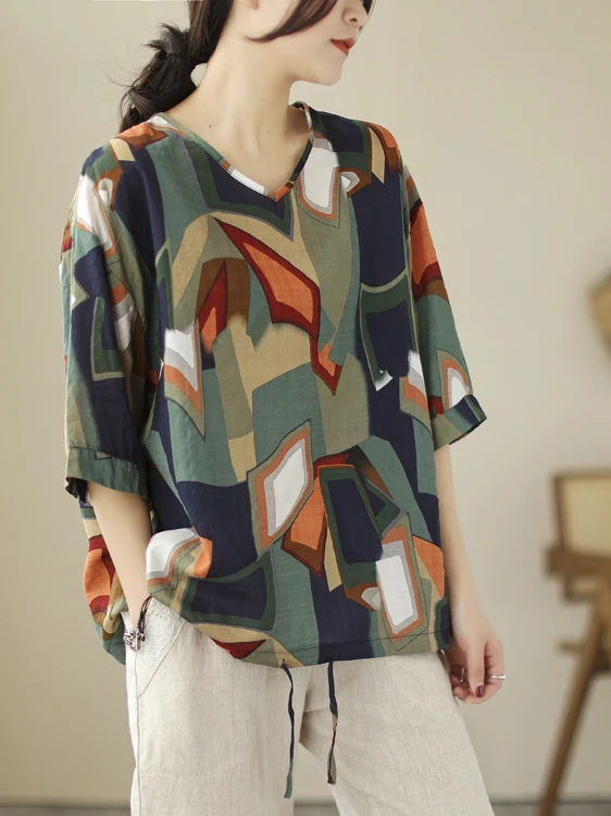 

Loose Cotton Linen T-shirt Large Size Women's Short Sleeve V-neck Drawstring Casual Bottoming Printed Artistic Top