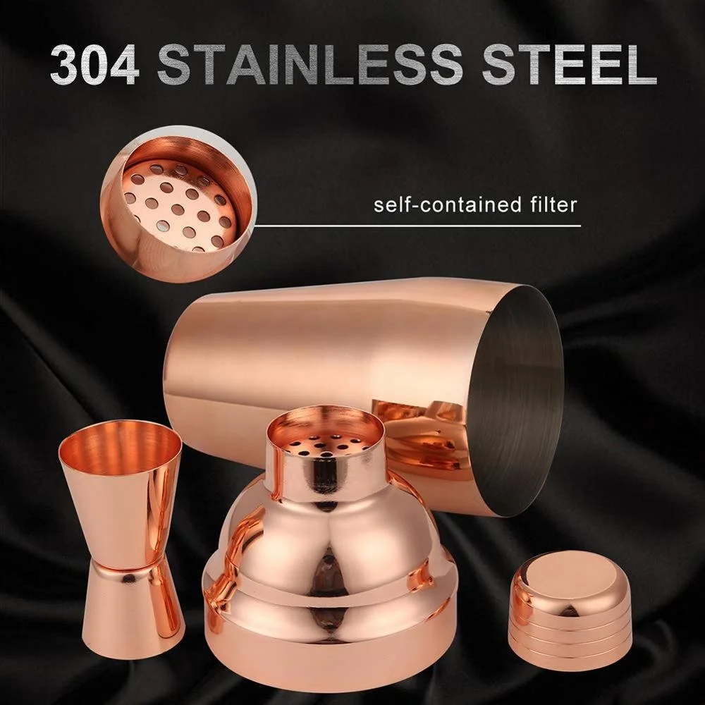 Stainless Steel Bar Tools Copper Plated Bartender Kit with Bamboo Stand Rose Gold Cocktail Shaker Set