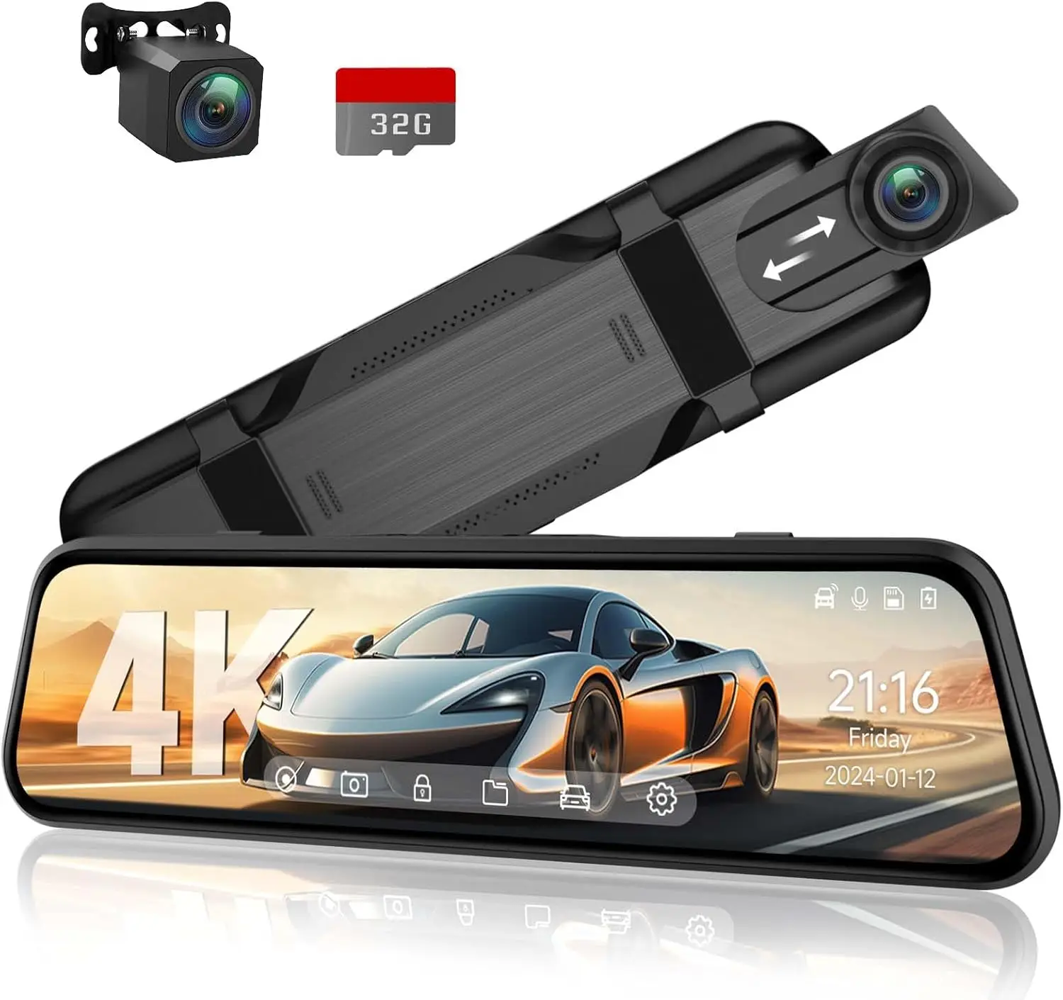 

10-дюймовый 4K видеорегистратор-зеркало с камерой заднего вида 1080P, голосовым управлением, ночным видением, режимом парковки, SD-карта в комплекте