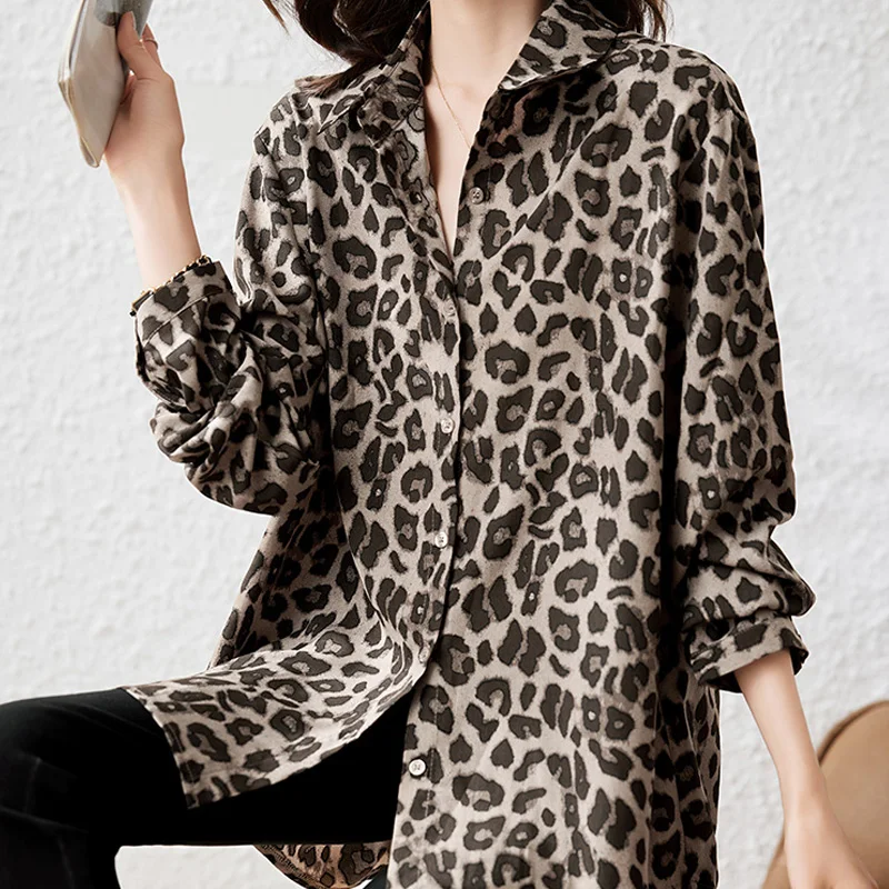 Women Leopard Print Luxury Chiffon Blouse Spring Autumn Long Sleeve Vintage Button Up Shirt Office Lady Casual Loose Tops Women