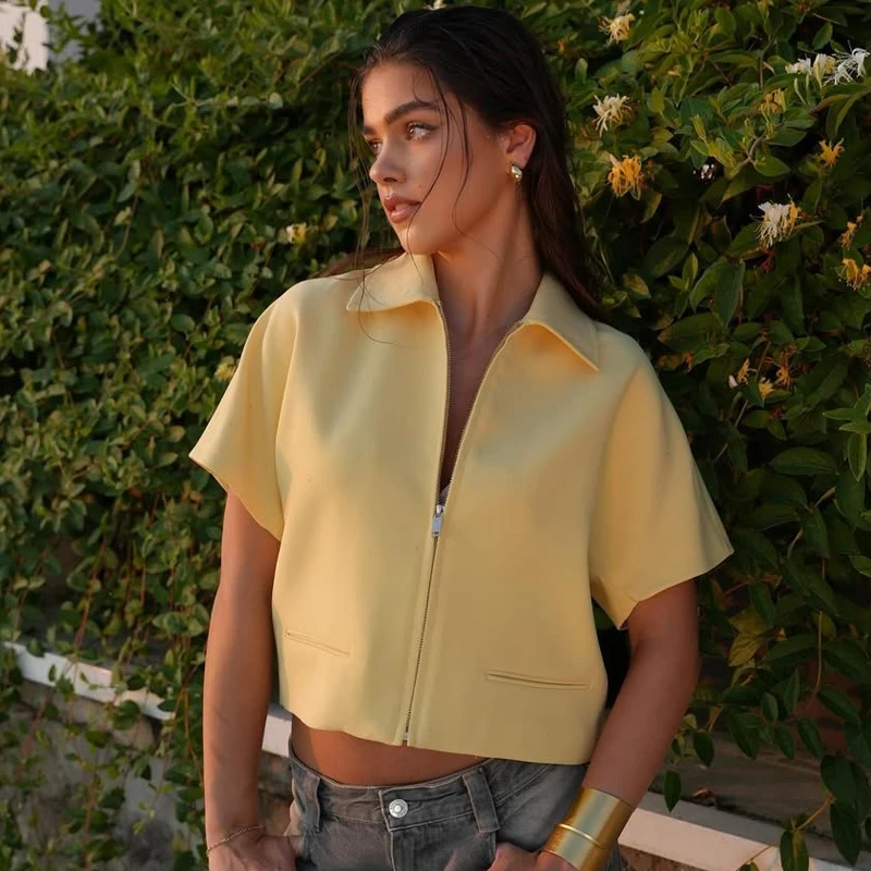 

Women's Cropped Jacket 2025 Summer New In Coats And Jackets Short Sleeve Zip Up Casual Jackets Women Lapel Collar Cropped Jacket