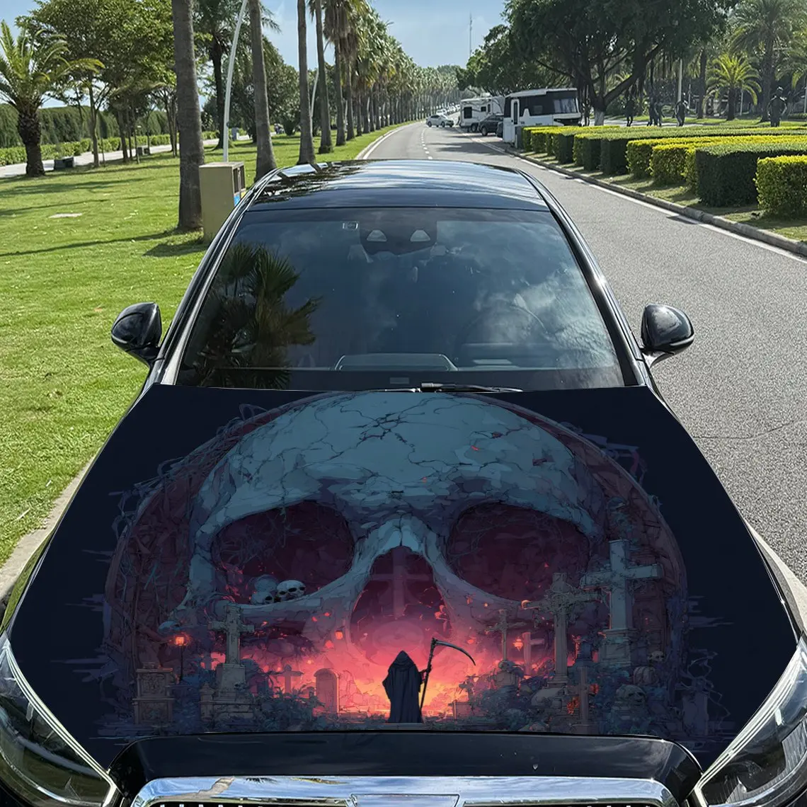

Graveyard Grim Reaper and Giant Skull Car Vinyl Wrap, PVC Material Waterproof Car Hood Sticker, Self-Adhesive Scratch-Resistant