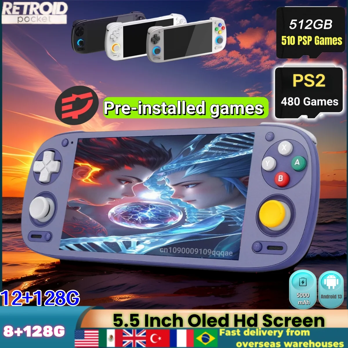 Retroid bolso 5 rp5 retro console de jogos portátil consoles de jogos de vídeo 5.5 Polegada tela de toque oled sd865 8 + 128g android13 psp ps2