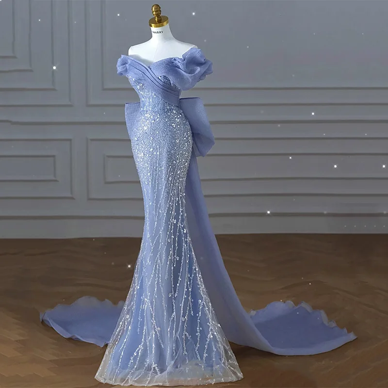 Robe de Rhplissée à sequins avec col oblique patchwork, haut précieux, bleu, perle, poignées de sirène, nœud amovible, robe de soirée de luxe