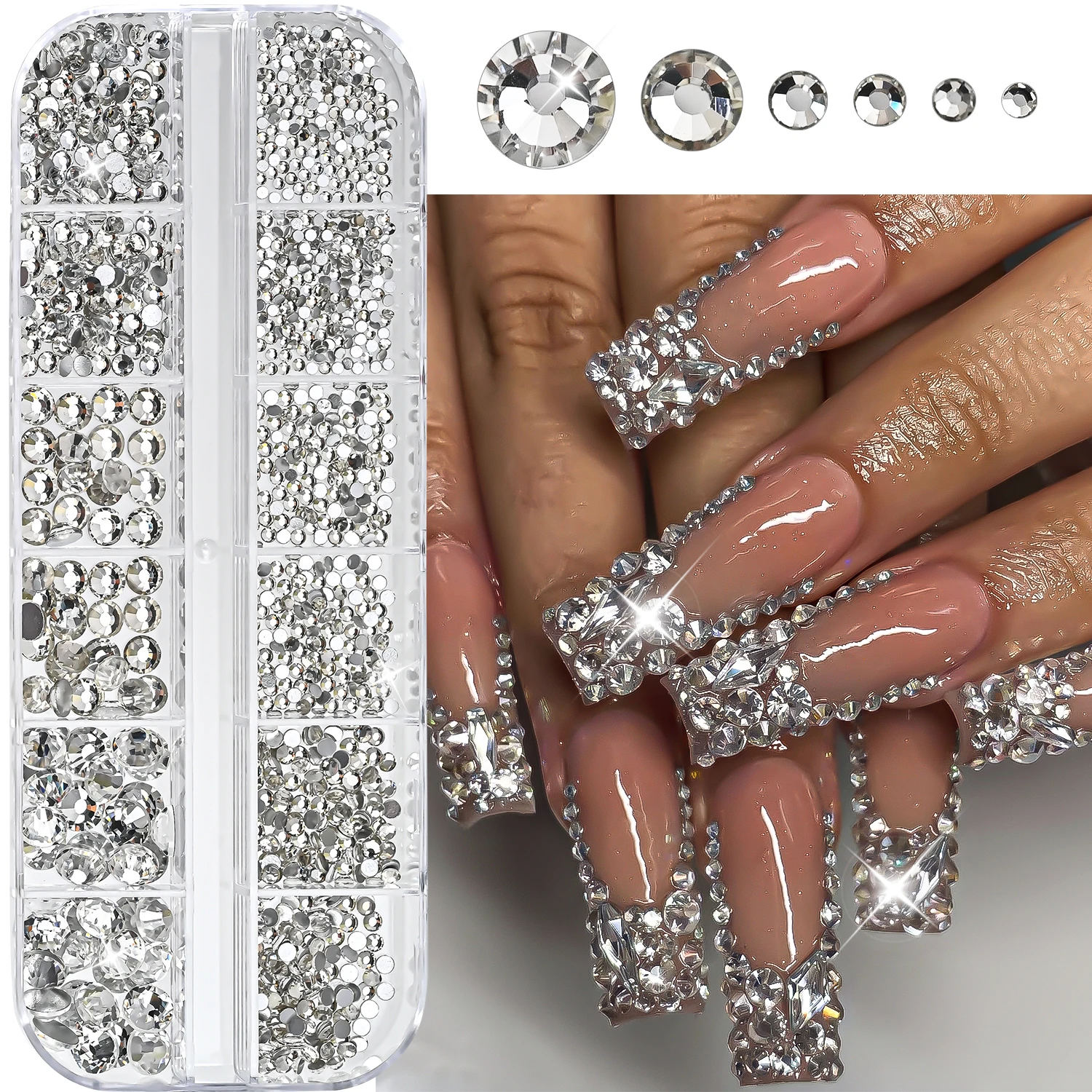 12Grids Multi Size Clear White Gems Nail Rhinestone 3D Shiny Flat Back SS4-SS30 Luxury Crystal Nail Glitter Charms Wedding Decor