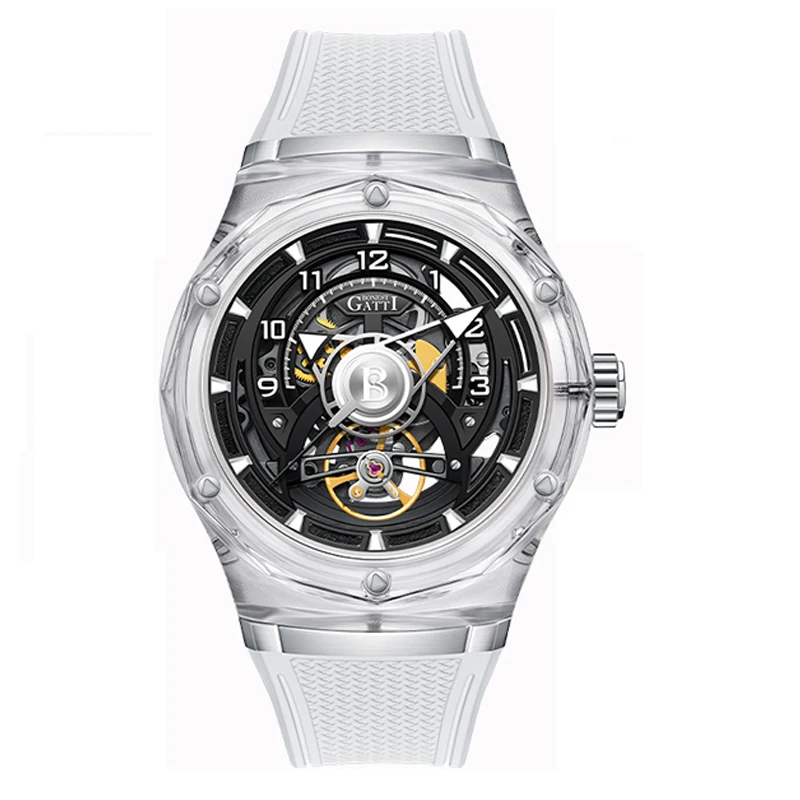 BONEST GATTI-reloj automático para hombre, carcasa transparente de polímero, reloj de pulsera mecánico, correa de caucho fluorado luminosa de zafiro