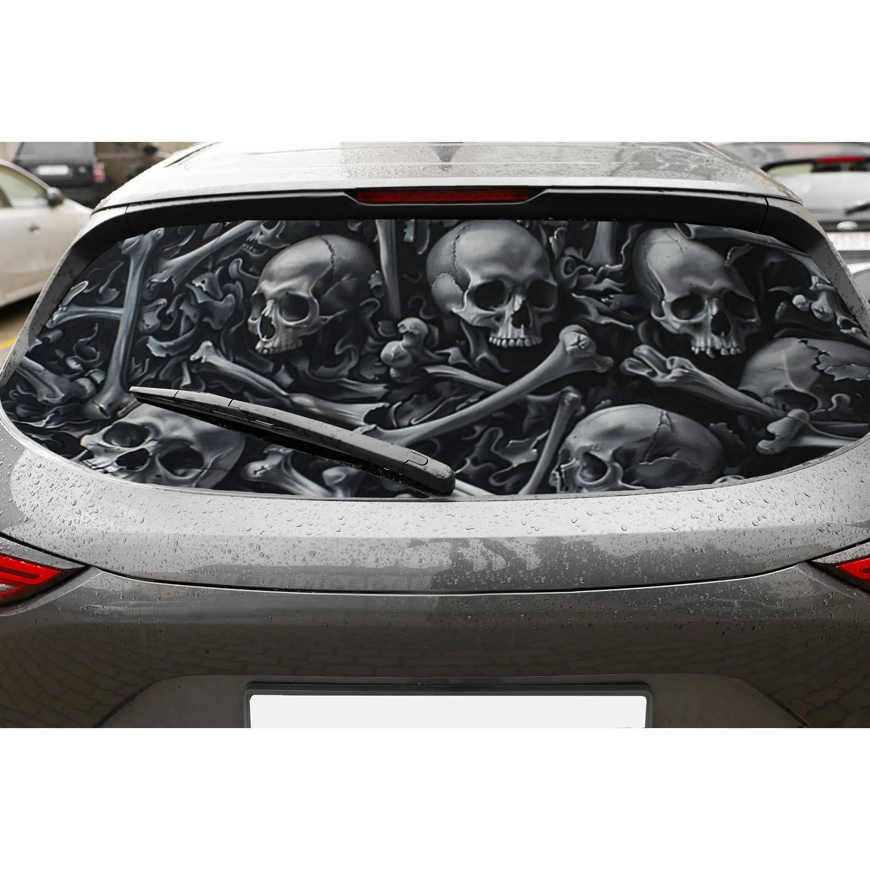 Dark Skull and Bones PVC Perforated Car Vinyl Wraps, Privacy Enhancing Design for Rear Window, Car Rear Windshield Sticker for M