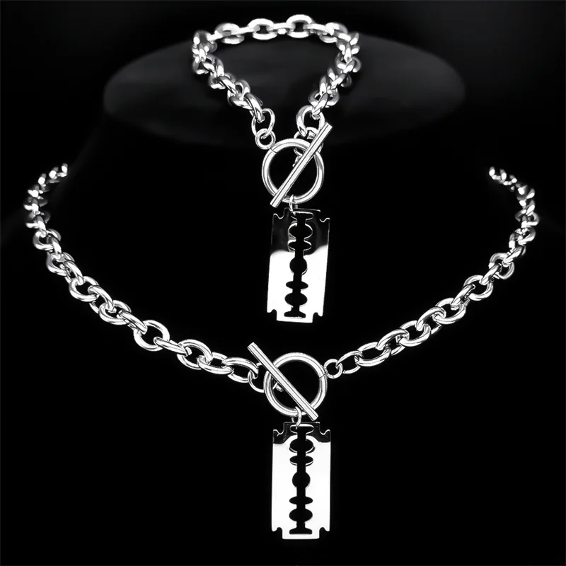 Punk Razor Blade Pendant Necklace Bracelet for Women Silver Color Stainless Steel Male Shaver Shape Chain Jewelry Set NFF52S02