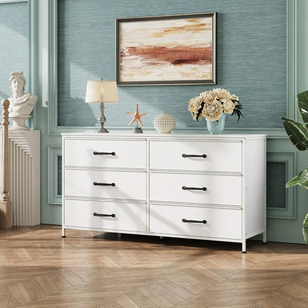 Wide Fabric Dresser, 6 Drawer TV Stand for 60