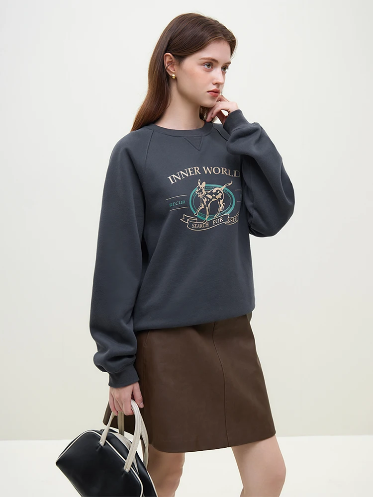 FSLE Raglan Sleeve Female Winter Thicken Casual Sweatshirts Round Neck Letter Print Design Dark Grey Women Fleece Pullover