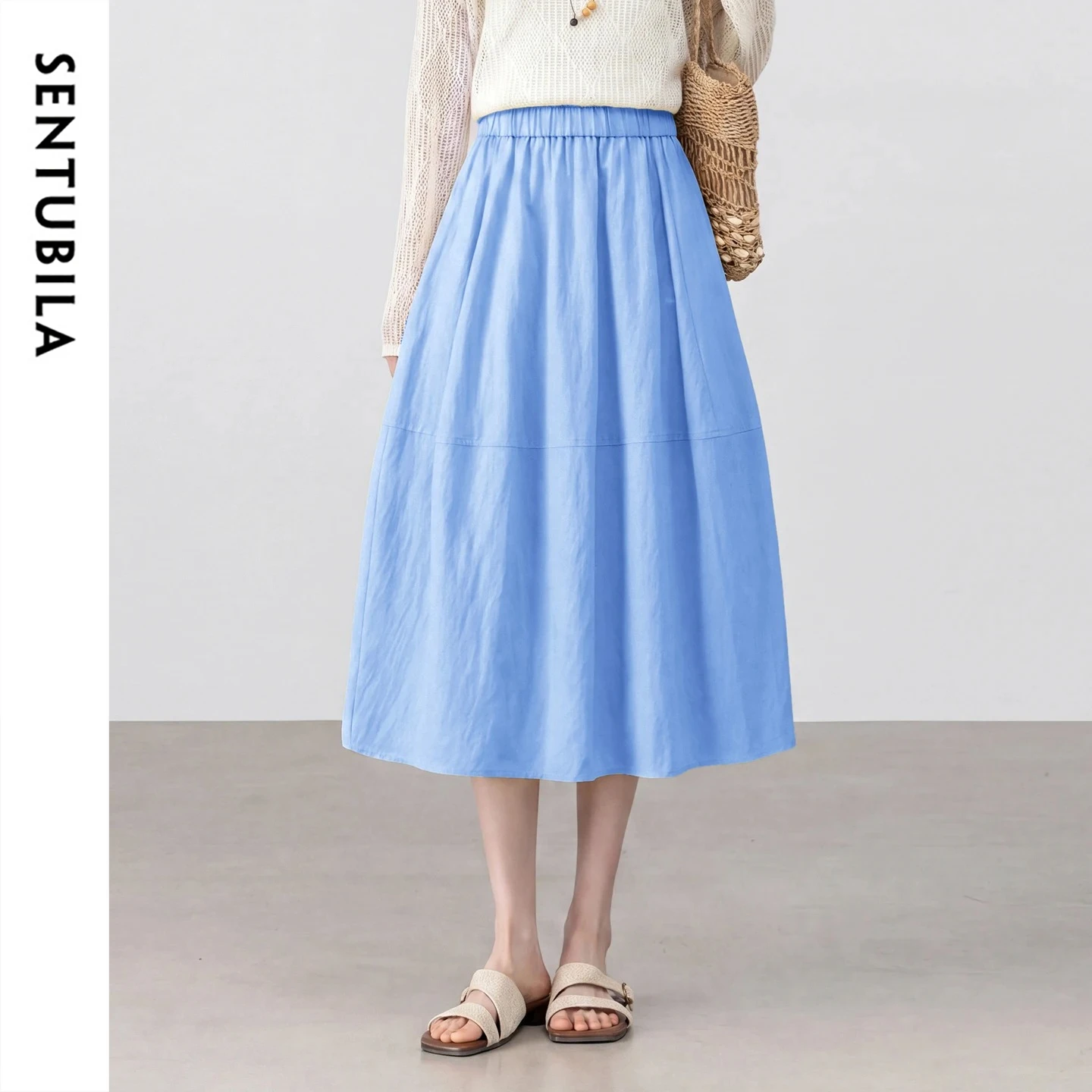 

SENTUBILA Office Simple Blue A-Line Skirt for Women 2026 Casual Elastic Waist Loose Versatile Summer Bubble Skirt 162QA7240