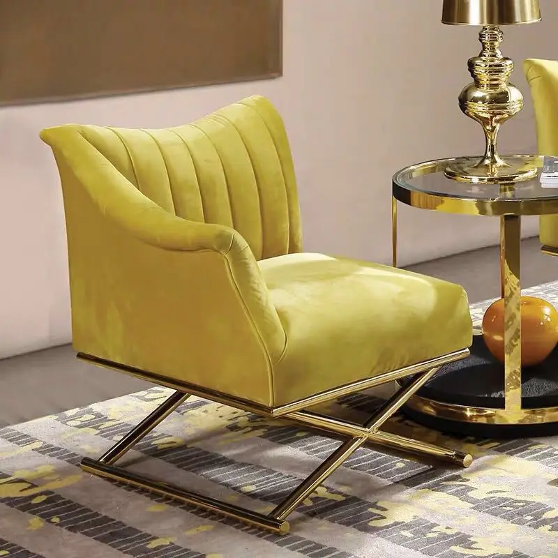 Luxury Hotel Lobby Office Golden Reception Room Yellow Velvet Guest Single Sofa Chair Set