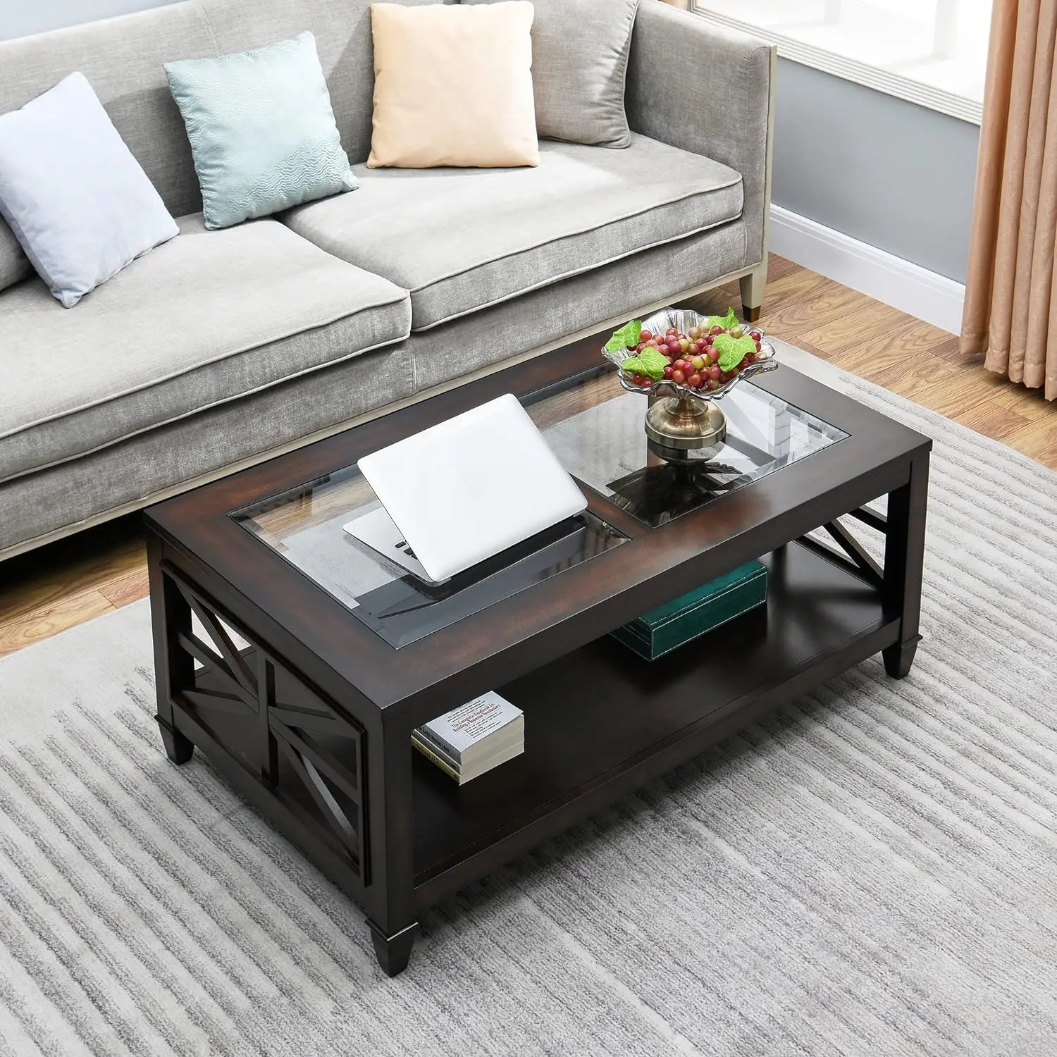 Solid Wood Coffee Table Tempered Glass Top Vintage Walnut Finish Living Room Furniture, Customized