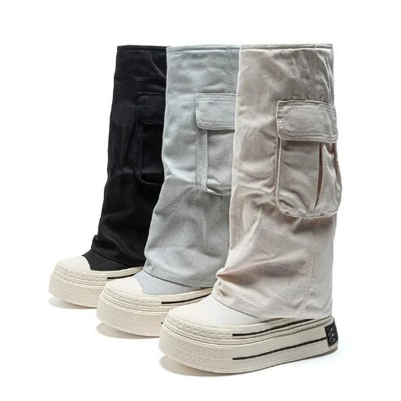 

New Fashion 12cm Denim Cnvas Fall Winter Knee High Boots Versatile Platform Heightened Vintage Trouser Heel Boots Women Shoes