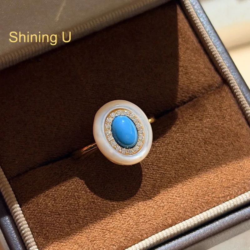 Shining U 925 Sterling Silver White Shell Oval Turquoise Ring for Women Fine Jewelry Summer