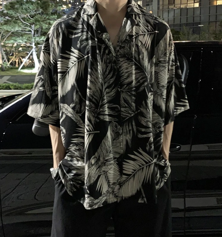 

Мужская летняя тонкая футболка свободного кроя с цветочным принтом в гавайском стиле, модная уличная одежда в стиле молодежной культуры из Гонконга