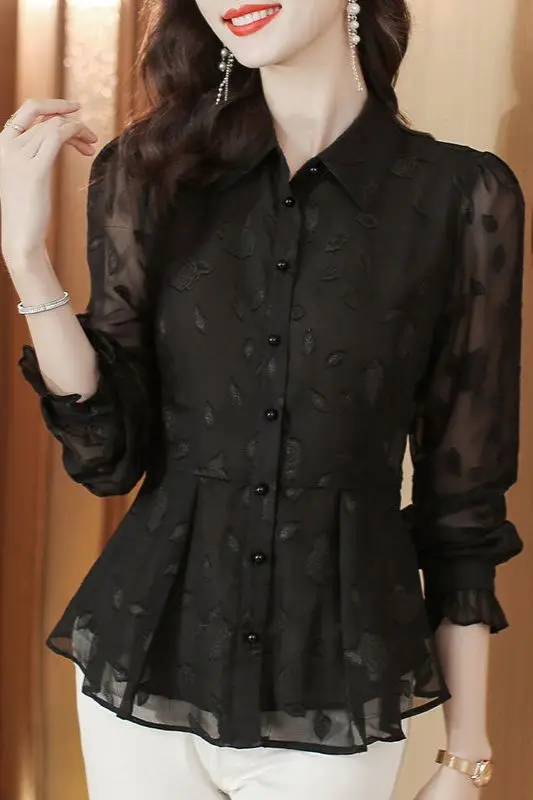 

Elegant Floral Long Sleeve Chiffon Blouse Women's Autumn New Collection Waist-cinching Stylish Skirt Top