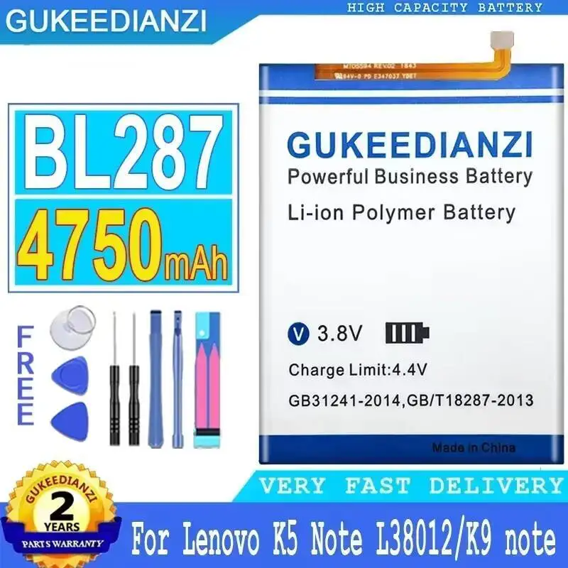 

Reliable Replacement Mobile Phone Battery BL287 For Lenovo K5 Note L38012 K9 6.0 Inch 4750Mah