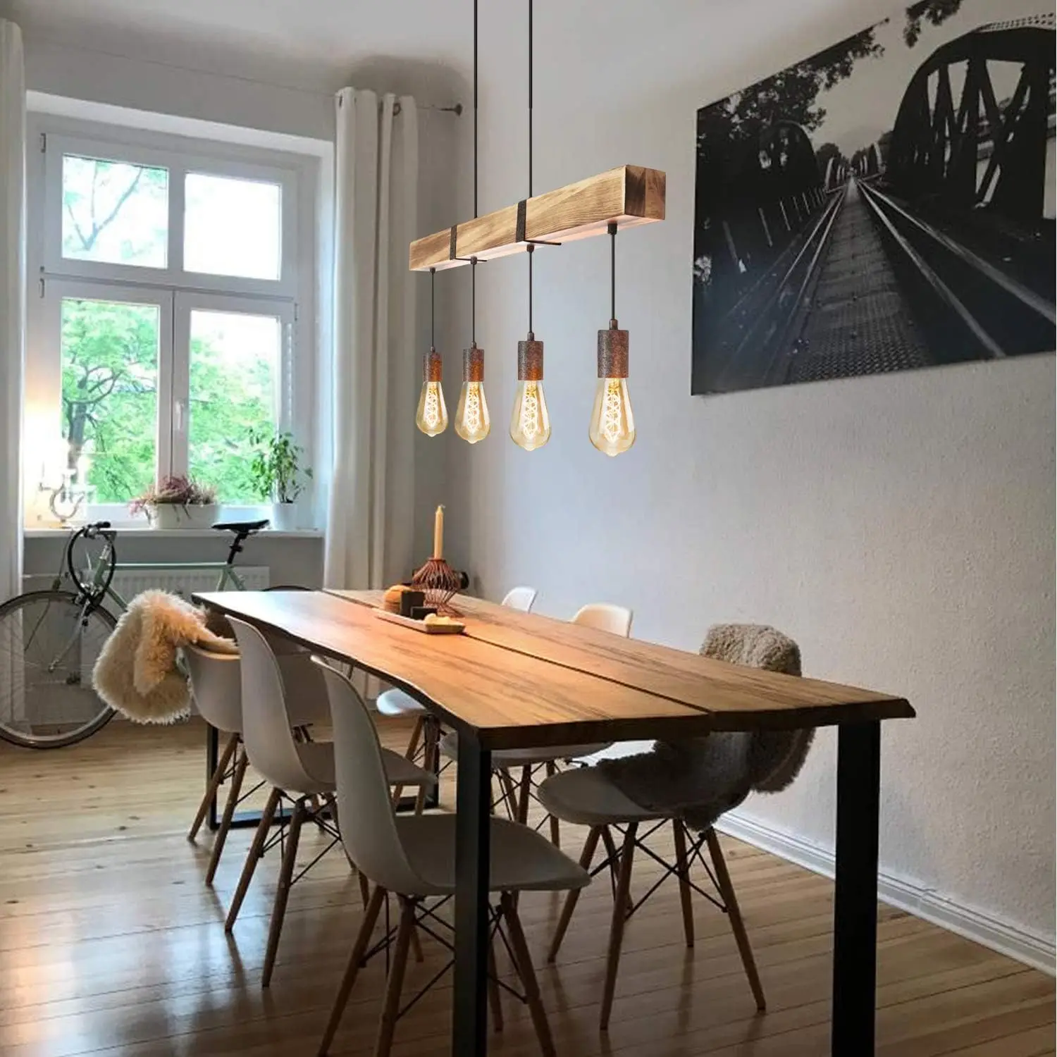 Vintage Pendant Light Wood Dining Table Lamp Retro Hanging Lamp Industrial Wooden Beam 4 X E27 for Kitchen Island Living Room - Image 3