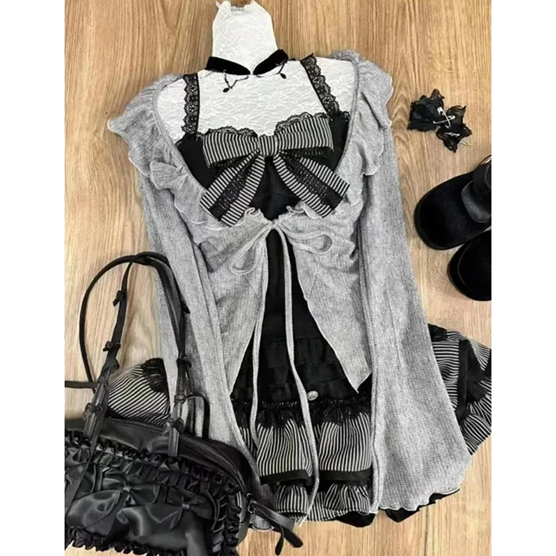 Sweet Lolita Lace Up Ruffles Cardigan Sexy Slim Fit Strapless Vest Tops High Waist Ruched Skirt Spring Autumn Three Piece Sets