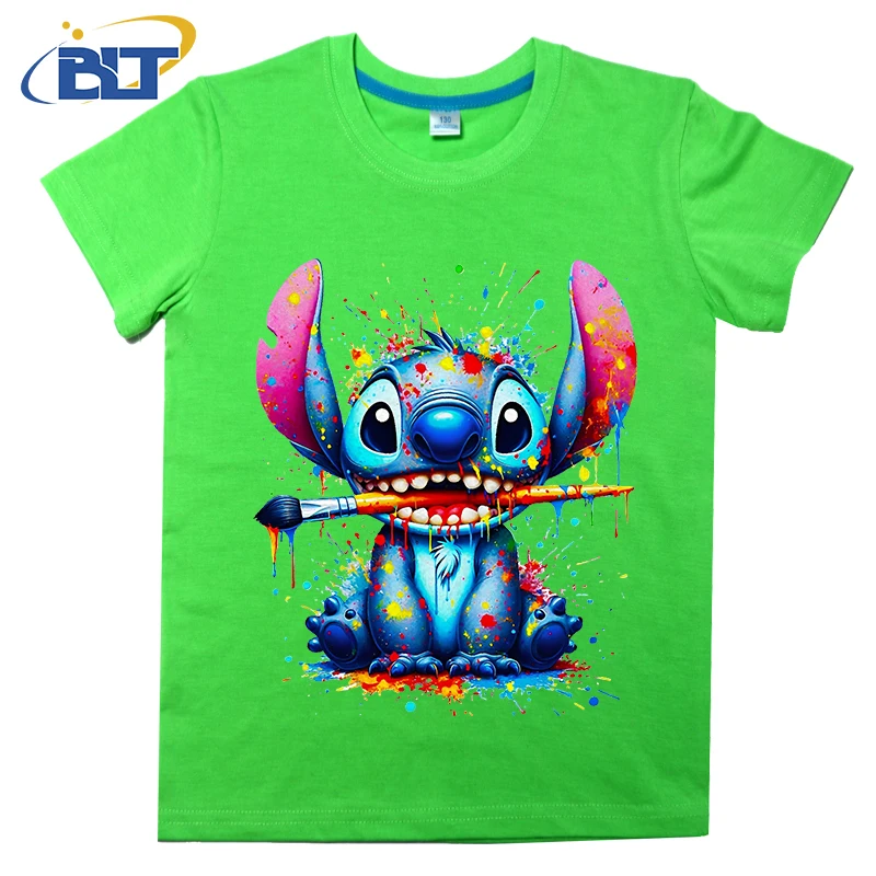 Disney spray paint stitch printed kids T-shirt pure cotton short-sleeved casual cartoon top for boys and girls