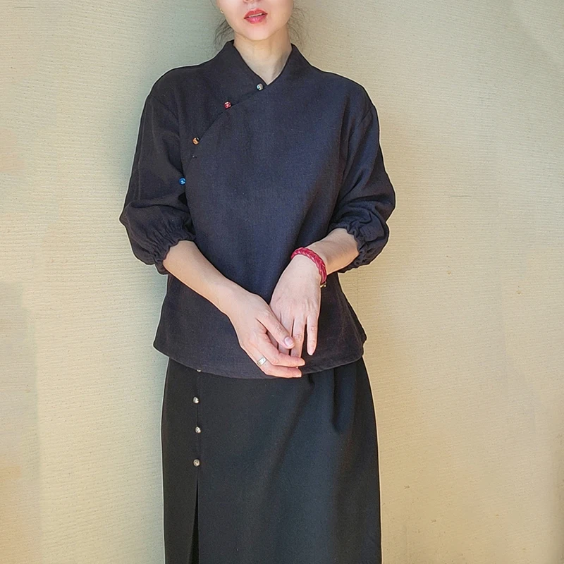 

Новая льняная рубашка Caii весна-лето в стиле ретро, улучшенная модель, с воротником-стойкой, однотонная, для повседневной носки, с пуговицами