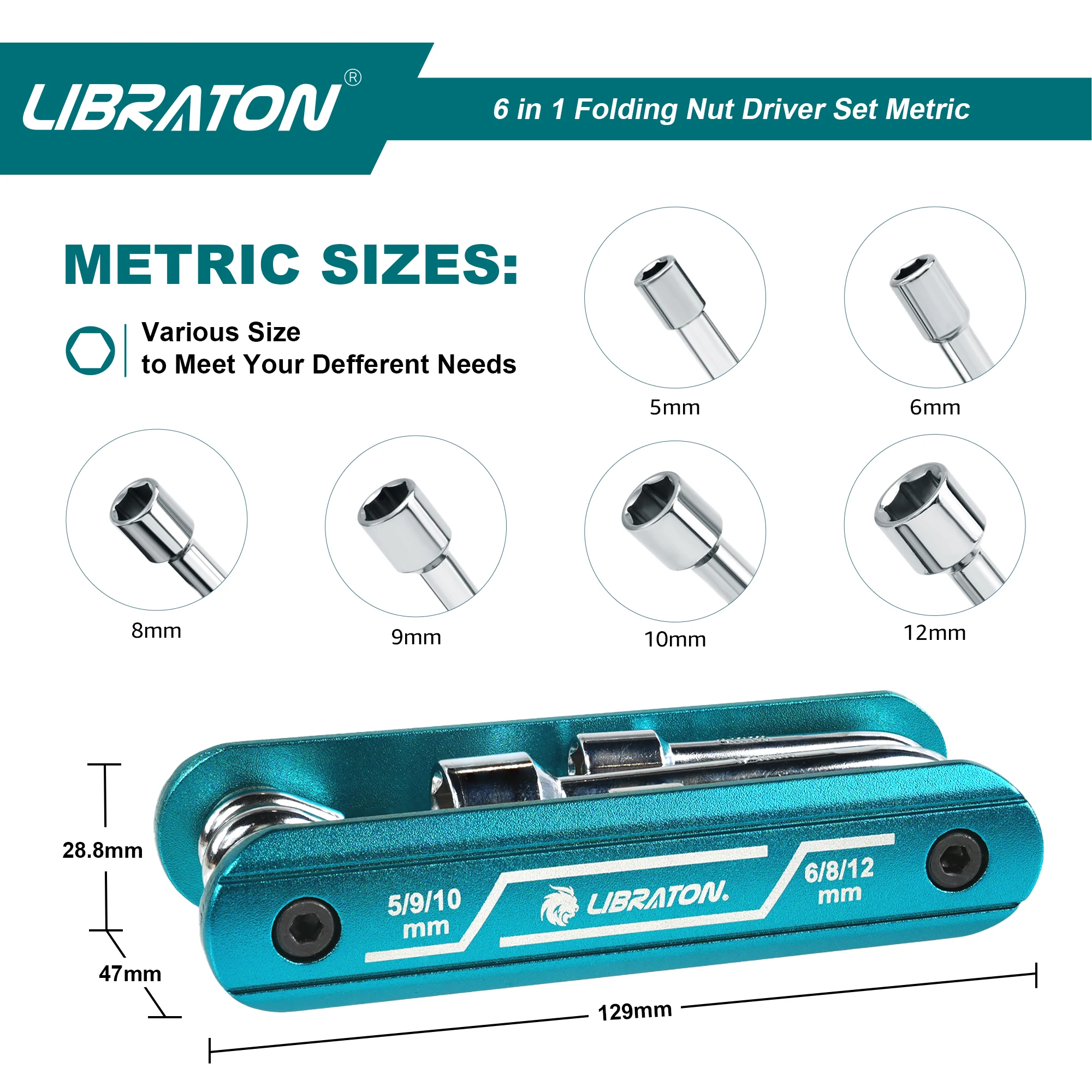 LIBRATON 6 w 1 składany zestaw kluczy nasadowych, metryczny, nakrętka sześciokątna, składany klucz nasadowy Cr-V, uchwyt z uchwytu z aluminium