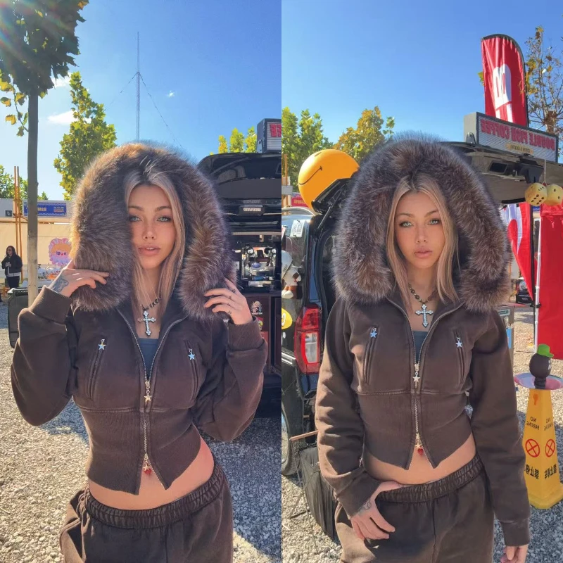 Loose Fit Faux Fur Wool Overcoat Vintage Y2K American Vibe Korean‑influenced Warm Ladies Fall Daily Street Casual Outer Garment