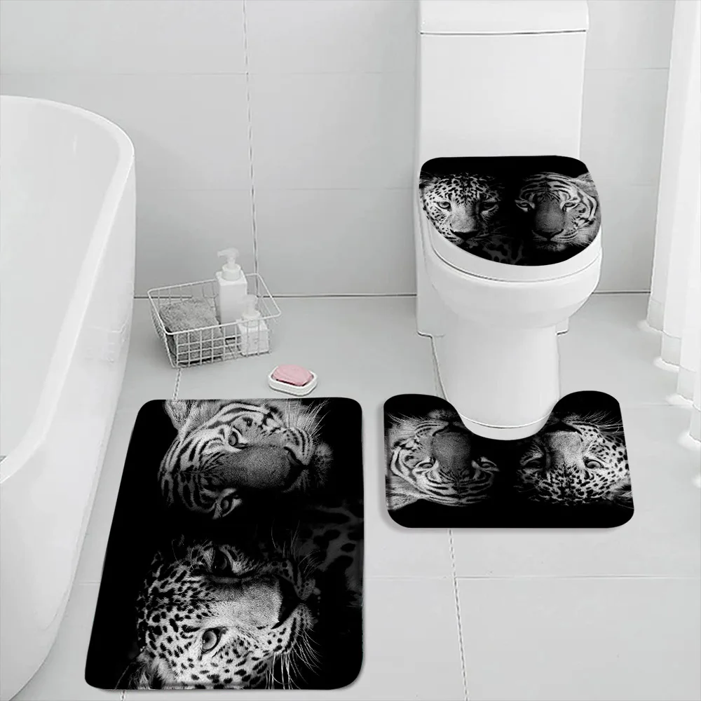 Wild Animals Bath Mat Set Motivational Words Panther Tiger Lion Modern Bathroom Decor Dark Flannel Bathtub Rug Toilet Lid Cover