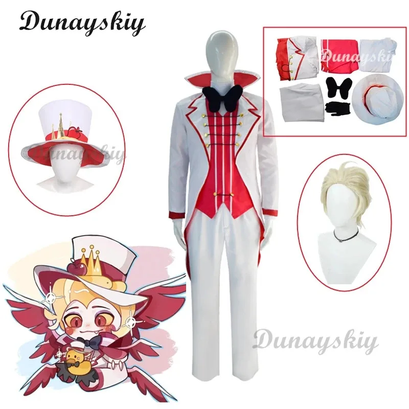 Hazbin Lucifer Cosplay Anime Hotel Morningstar Cosplay disfraz peluca traje blanco diablo infierno fiesta de Halloween disfraz de hombres adultos