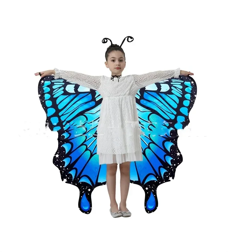

2 Sides Print Butterfly Wings for Girls Kid Fairy Halloween Costumes Dress Up Shawl Cape & Mask Headband Rainbow New Gift Idea