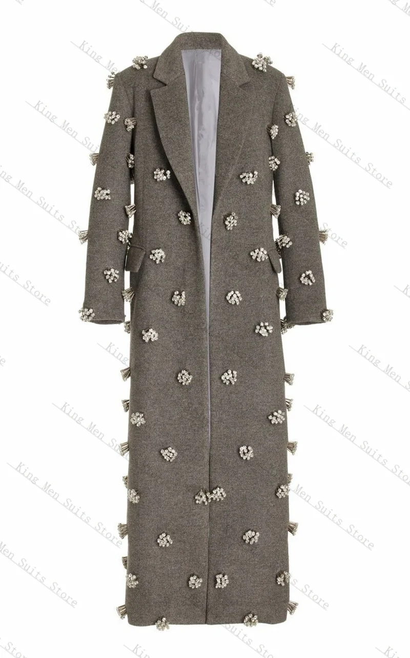 Luxury Crystals Women Suit 1 Piece Long Wool Prom Dress Cashmere Customized Winter Formal Office Guest Wedding Tuxedos Coat