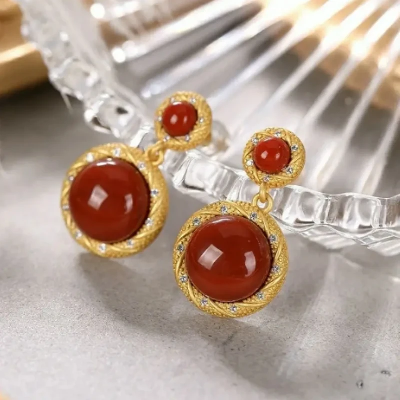 

European and American classic style Southern Red tourmaline craft earrings Retro court style charm ladies party jewelry