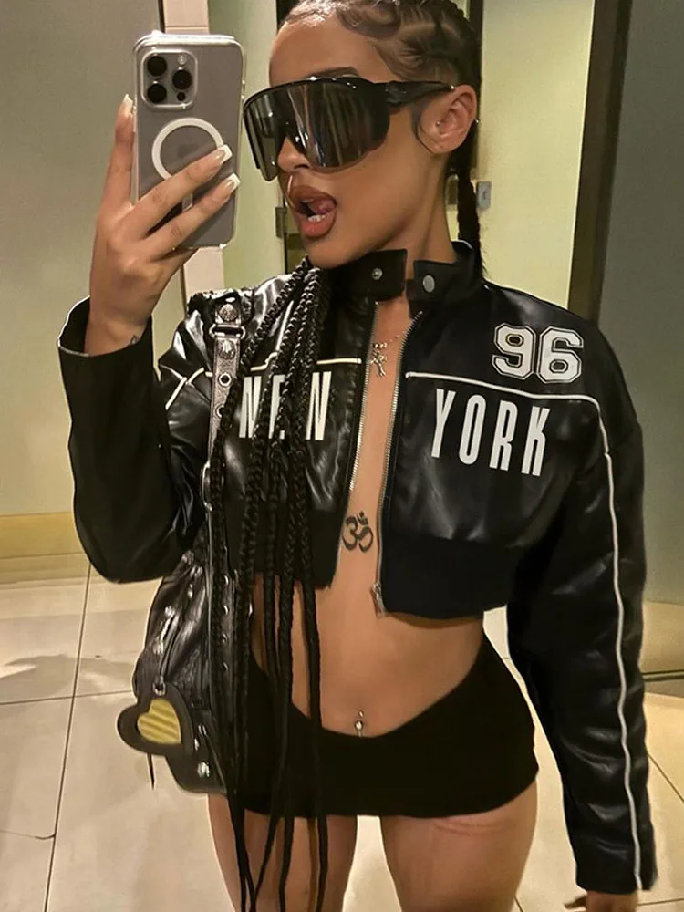 BKQU Motorcycle Zipper Fashion Leather Jackets Women Letter Print Black Long Sleeve Punk Super-short Coats Winter Y2K Streetwear