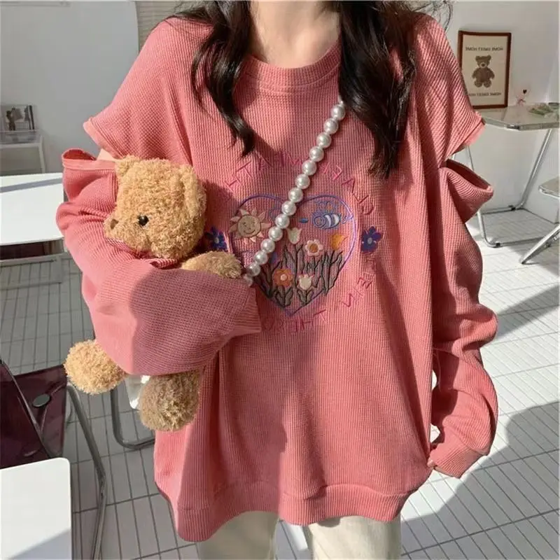 Femme Frühling Koreanische Mode Druck Einfarbig Oansatz Frauen Kleidung Pullover Sweatshirts Alle-spiel Modische Lange Hülse