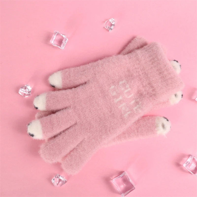 Cute Woolen Knitted Winter Gloves Thickened Warm Outdoor Touch Screen Compatible Leaky Finger Cold Proof Warm Gloves