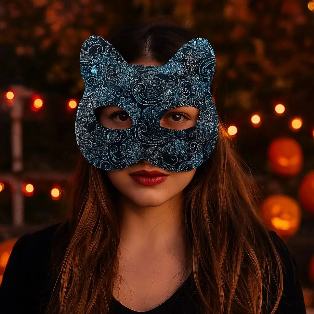 أقنعة وجه قطة بلاستيكية مضحكة على شكل زهرة حيوانية للهالوين قناع تنكر أسود لامع قناع نصف وجه للفتيات