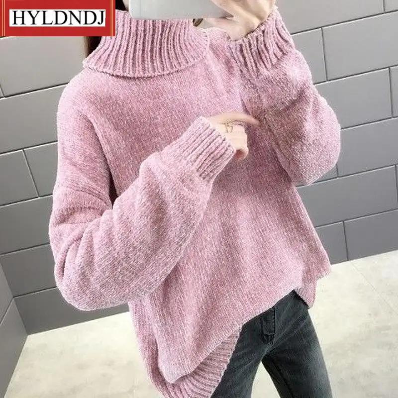 Women Autumn and Winter 2023 Fashion New Chenille Turtleneck Sweater Loose Solid Color Long-Sleeved Pullover Knit Top