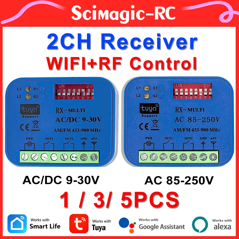 Universal Tuya WiFi Interruptor Inteligente, Garagem RX Multi, Receptor de Controle Remoto, 433MHz, 868MHz, 2CH, AC, DC, 9-30V, 85-250V, Vida Inteligente, Alexa