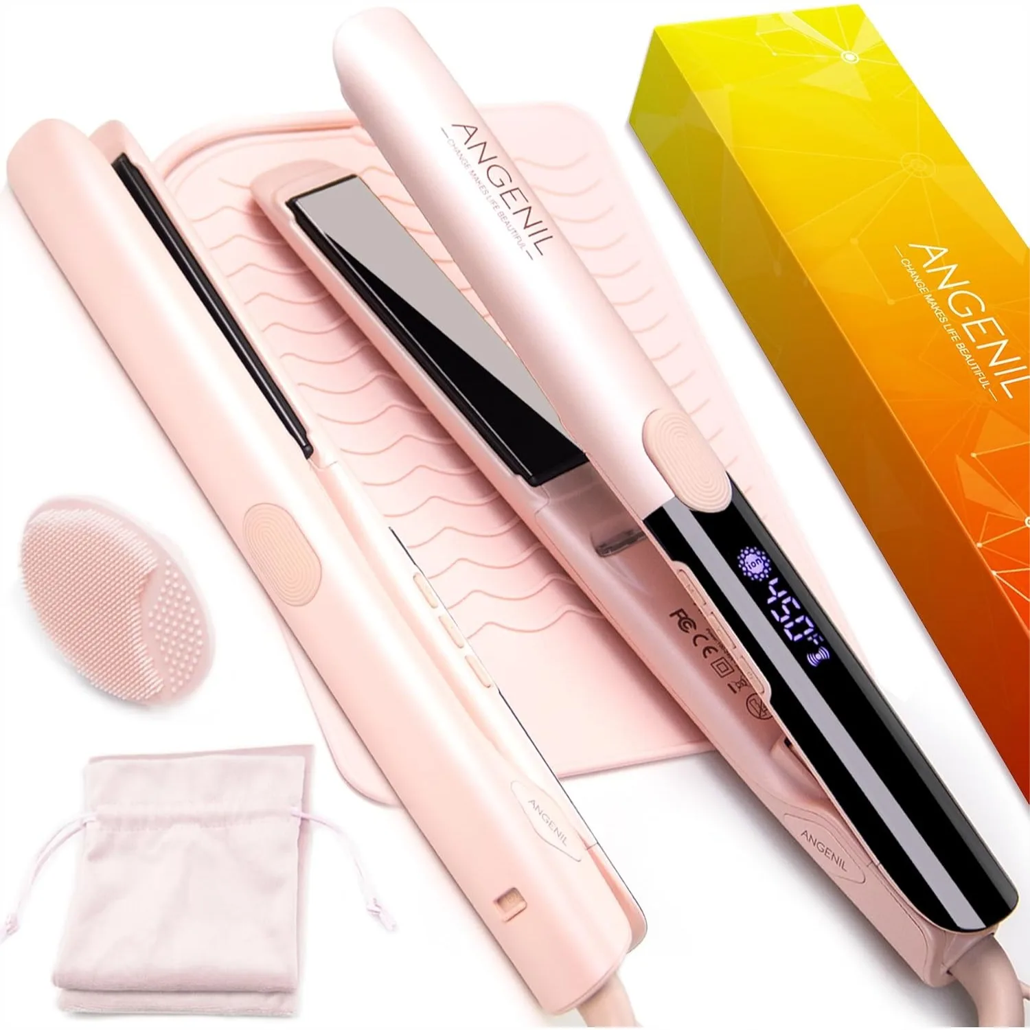 

Pro Titanium Flat Iron Hair Straightener and Curler 2 in 1 with Heat Resistant Silicone Mat, Dual Voltage, Large LCD Display