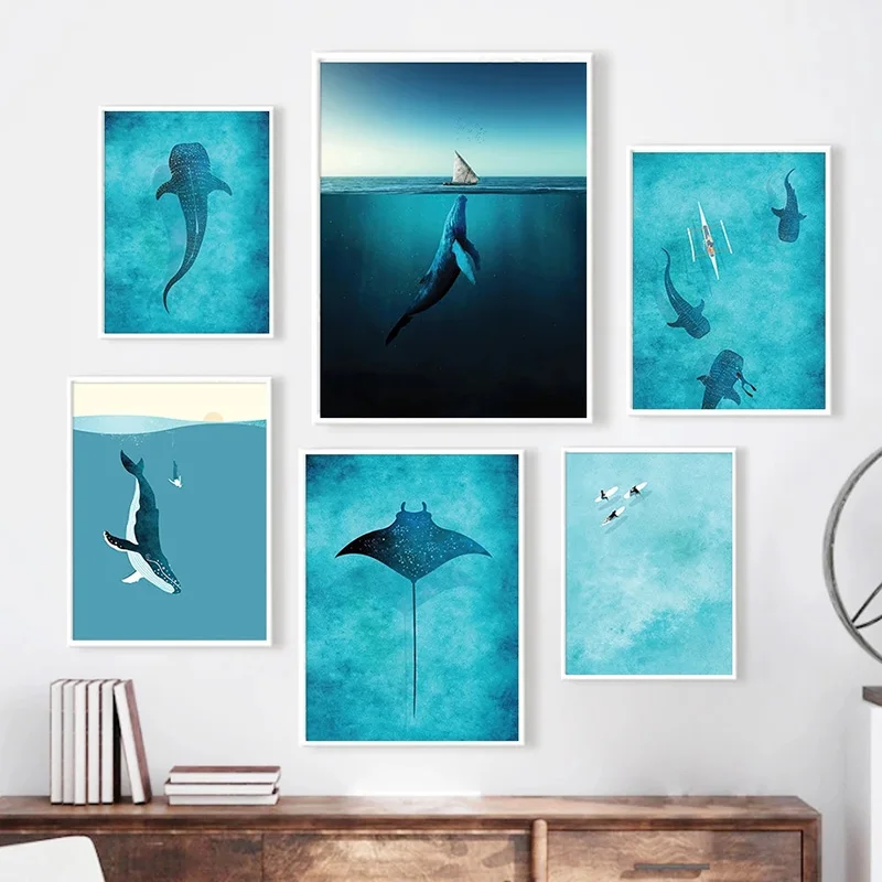 Blue Whale Shark Posters Diver Sail Manta Rays Surf Sea Nordic Wall Art Picture Canvas Print Kids Room Home Decor Painting Gifts