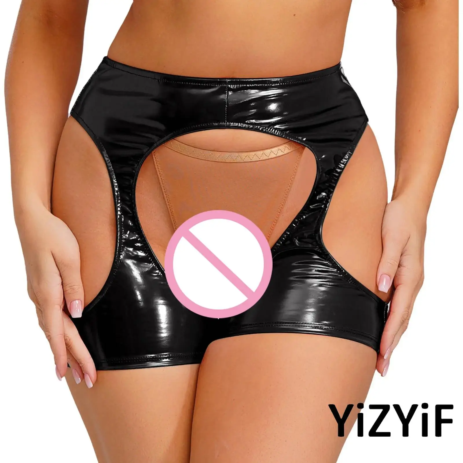 

Womens Open Crotch Wet Look Hot Pants Thigh Hollow Out Bodycon Shorts Patent Leather Erotic Shorts for Club Pole Dance Nightwear