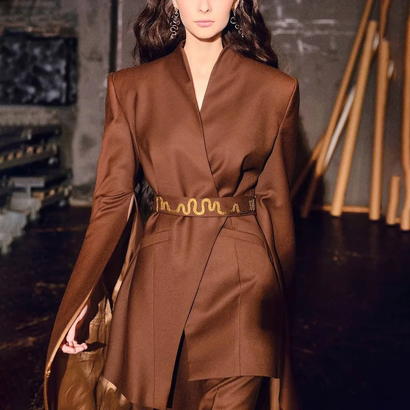 

Осень-зима, женский облегающий костюм в стиле OL, пальто с длинными рукавами, темперамент, модное нерегулярное украшение с карманами на шнуровке