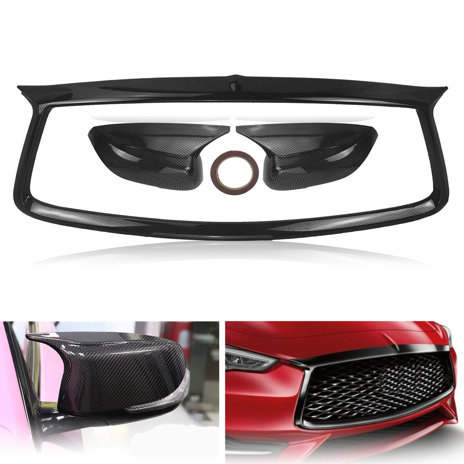 

For Infiniti Q60 2017-2021 Carbon Fiber Look Car Front Grille Overlay Grill Frame Trim Mesh Bezel+Rear View Mirror Cover Add On